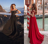 Women's Bridesmaid Dress Off Shloulder Applique Lace Prom Dress Long Dress V-Neck Split Chiffon Formal Evening Dress