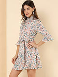 Women's Floral Smocked High Neck 4-Mar Bell Sleeve Belted Flare Ruffle Dress