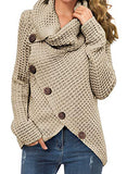 Women's Solid Color Chunky Button Pullover Sweater Turtle Cowl Neck Asymmetric Hem Knit Sweater