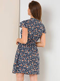 Women's Floral Leaves Ruffled Sleeve Tie Flare Faux Wrap Dress | Original Brand