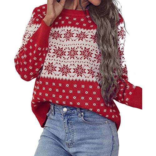 Jillumi Womens Ugly Christmas Sweater Snowflakes Long Sleeve Knit Pullover Crewneck Sweatshirts Tops