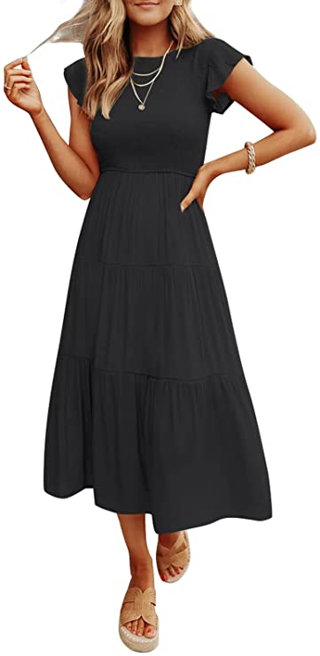 Black Women's Summer Casual Flutter Short Sleeve Crew Neck Smocked Elastic Waist Tiered Midi Dress - ZESICA | Women's Casual Dresses