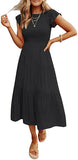 Black Women's Summer Casual Flutter Short Sleeve Crew Neck Smocked Elastic Waist Tiered Midi Dress - ZESICA | Women's Casual Dresses