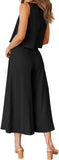 Black Women's Summer 2 Piece Outfits Round Neck Crop Basic Top Cropped Wide Leg Pants Set Jumpsuits - ROYLAMP | Women's Romper & Jumper Suit