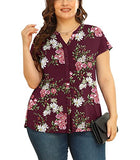 Floral Wine Red Women's Plus Size Short Sleeve Shirt Button Down V Neck Tops Casual Blouses with Procket - TIANZHU | Women's Tops and Blouses