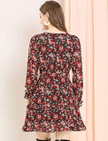 Women's Floral V Neck Long Sleeve Tie Waist Layered Ruffle Hem Dress