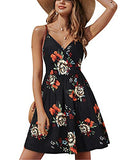 Black Orange Floral V Neck Floral Spaghetti Strap Summer Dress Casual Swing Midi Sundress with Pocket - STYLEWORD | Women's Casual Dresses