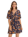 Navy And Yellow Women's Boho Button Up Split Floral Print Flowy Party Dress - Milumia | Women's Casual Dresses