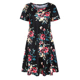 Women Summer Boho Floral Print O-Neck Short Sleeve T Shirt Dress with Pockets | Women's Work Dresses