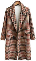 Chartou Women's Winter Oversize Lapel Collar Woolen Plaid Double Breasted Long Peacoat Jacket