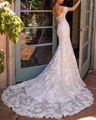 V-neck Mermaid Wedding Dress Applique Beaded Backless Wedding Gowns For Bride