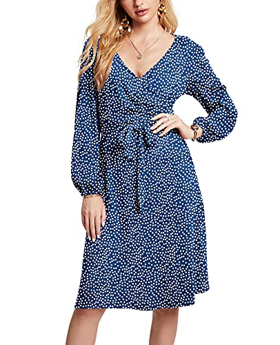 HUSKARY Women V Neck Wrap Long Puff Sleeve Swing Casual Midi Dress with Belt and Pocket