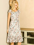 Women's Floral Chiffon Flutter Sleeve Belted Square Neck Ruffled Hem Dress | Original Brand