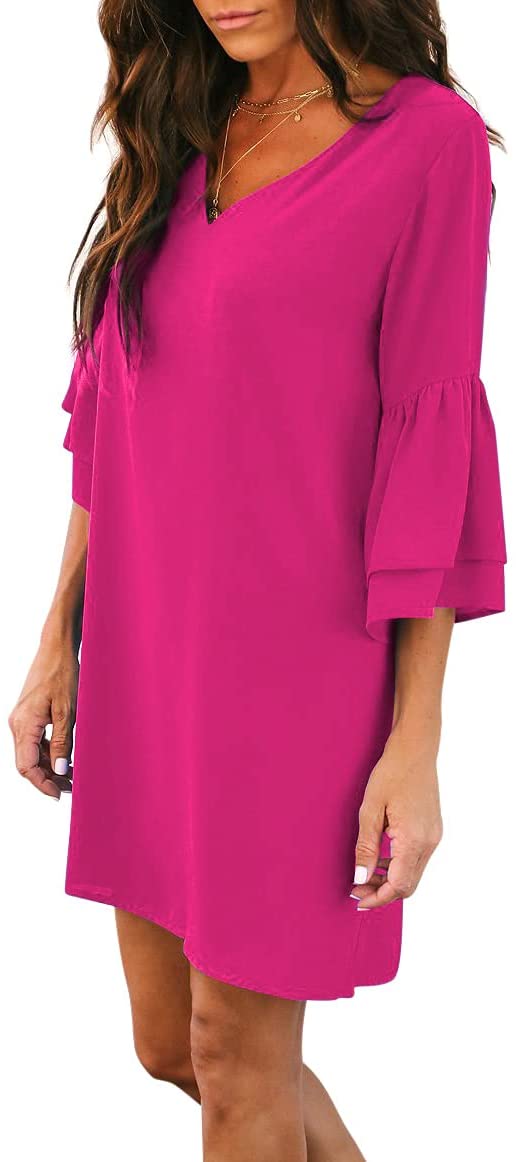 Rose Red Women's Dress Sweet & Cute V-Neck Bell Sleeve Shift Dress Mini Dress - BELONGSCI | Women's Casual Dresses