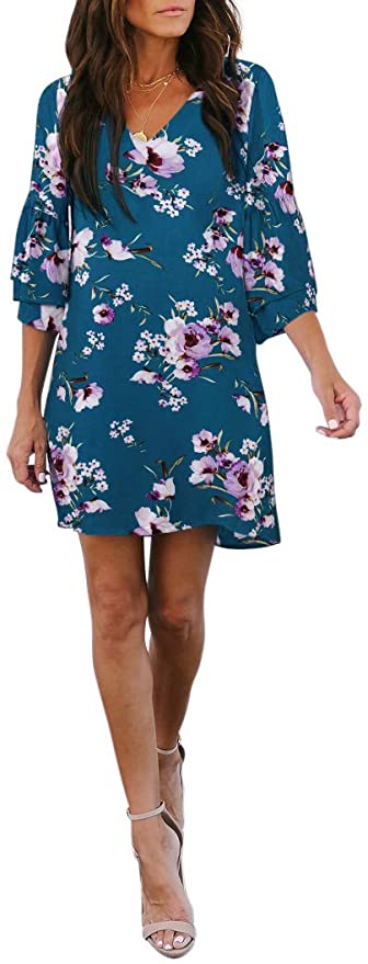 Light Blue Floral Women's Dress Sweet & Cute V-Neck Bell Sleeve Shift Dress Mini Dress - BELONGSCI | Women's Casual Dresses