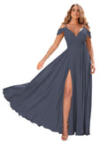 Stormy Blue Women's Off Shoulder Bridesmaid Dresses Long Chiffon Formal Dress with Slit - Clothfun | Women's Cocktail Dresses