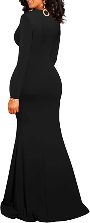 Black Women's Sexy Long Sleeve V Neck Wrap Side Split Bodycon Cocktail Party Maxi Dress - GOBLES | Women's Cocktail Dresses