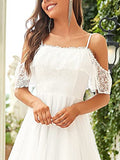 Wedding Dress Women's A Line Off Shoulder High Low Spaghetti Straps Lace Bridal Dress  - Sara Clothes