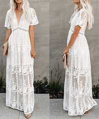 Women's Deep V Neck Short Sleeve Floral Lace Bridesmaid Maxi Dress Party Gown