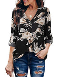 Multicolor Black Womens 3/4 Cuffed Sleeve Chiffon Printed V Neck Casual Blouse Shirt Tops - Youtalia | Women's Tops and Blouses