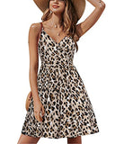 Leopard V Neck Floral Spaghetti Strap Summer Dress Casual Swing Midi Sundress with Pocket - STYLEWORD | Women's Casual Dresses
