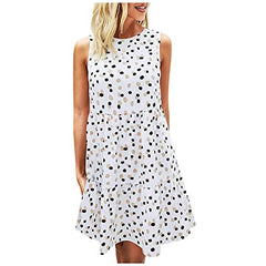 Summer Dress, Women's Vintage Polka Dot Print Sleeveless Dress Cozy Round Neck Sleeveless Beach Dress with Pockets | Original Brand