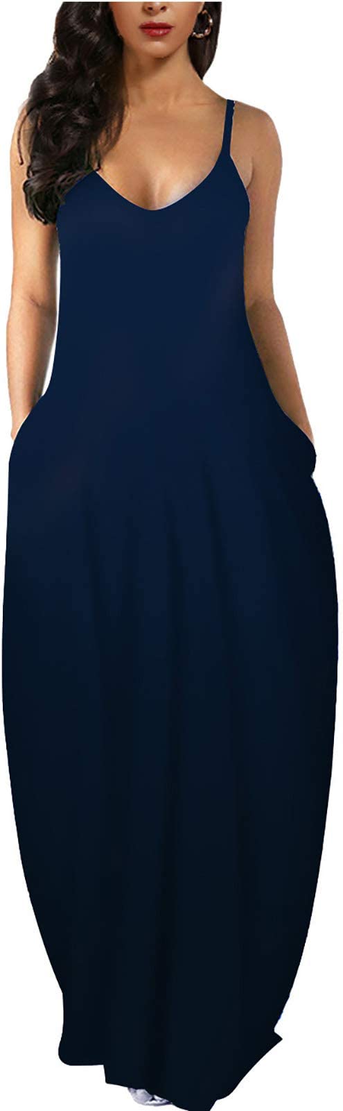 Navy Womens Casual Sleeveless Plus Size Loose Plain Long Maxi Dress with Pockets - Wolddress | Women's Casual Dresses