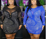 Womens Sexy Plus Size Long Sleeve Rhinestone Mesh See Through Bodycon Party Club Mini Dress Clubwear