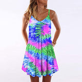 Summer Dresses for Women, Ladies's Tie Dyed V-Neck Drawstring Sling Dress with Gradient Stripe Party UK Size | Women's Work Dresses
