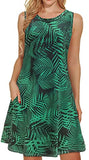 Black Green Leaf Summer Dresses for Women Beach Floral Tshirt Sundress Sleeveless Pockets Casual Loose Tank Dress - elescat | Women's Casual Dresses
