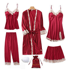 Women Sleepwear 6pcs Satin Pajama Set With Chest Pad Lace Trim Sexy Lingerie Nightgown Robe Soft Silk Dress Nightwear