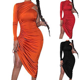 Women Sexy Bodycon Ruched Dress One Shoulder Long Sleeve Mock Neck Party Dress Drawstring Side Midi Dress