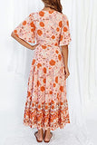 Women's Floral Print Sexy V Neck Short Sleeve Flowy Beach Party Maxi Dress | Original Brand | Women's Casual Dresses