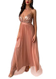 Rosegold Women's Solid Mesh Spaghetti Strap Sequin Cross Back Elegant Evening Party Dress - Fuedage | Women's Formal Dresses