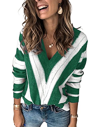 HOTAPEI Womens Long Sleeve Deep V Neck Hand Knit Striped Sweater Tops Loose Pullover Sweaters