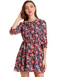 Women's Ruffled Tie Neck 3/4 Puff Sleeve Flowy Mini Floral Dress | Original Brand