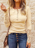 BTFBM Women Long Sleeve V Neck Button Up Solid Tops Blouses Trendy Slim Fit Lace Sleeves Ribbed Knit Casual Shirts Tunic (Lace Yellow Apricot, Medium) | Women's Casual Dresses