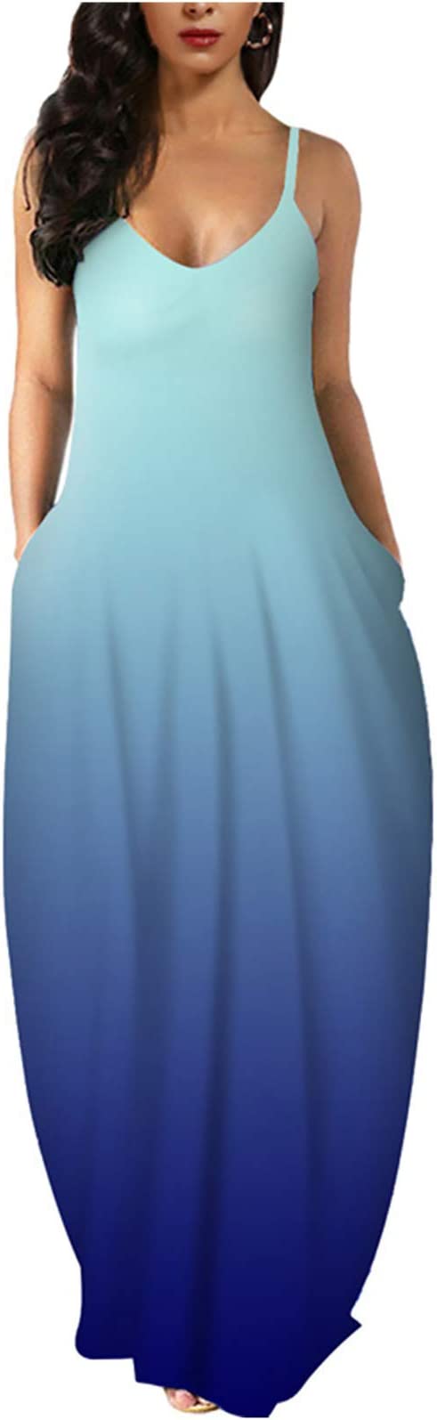 Gradient Blue Womens Casual Sleeveless Plus Size Loose Plain Long Maxi Dress with Pockets - Wolddress | Women's Casual Dresses