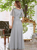 Women's Elegant Sequin Embroidery Short Ruffle Sleeve Tulle Bridesmaid Dress  - Sara Clothes