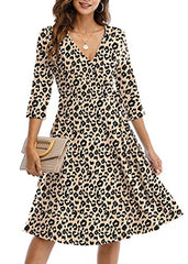 CHARMYI Wrap Dresses for Women Casual V Neck Floral Party Swing A-Line Faux Wrap Dress Midi Length | Women's Casual Dresses