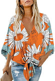Women's Casual Floral Blouse Batwing Sleeve Loose Fitting Shirts Boho Knot Front Tops | Women's Tops and Blouses