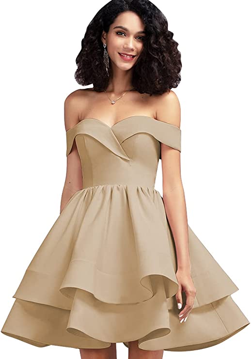 Champagne Off Shoulder Short Prom Dress Satin Homecoming Dresses for Teens A Line Cocktail Party Gowns Mini Dress - Homdor | Women's Cocktail Dresses
