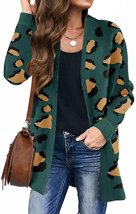 Green Women's Open Front Leopard Knit Cardigan Sweaters Pockets Long Sleeve Outwear - MEROKEETY | Women's Cardigan