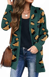 Green Women's Open Front Leopard Knit Cardigan Sweaters Pockets Long Sleeve Outwear - MEROKEETY | Women's Cardigan