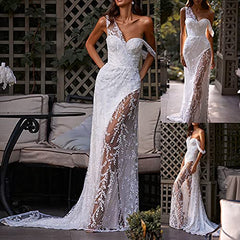 Women Sleeveless Embroidery Wedding Dresses V Neck Sheer Mesh Bridal Gowns Sexy Lace Formal Bridal Dresses Maxi Dress