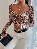 Women's Marble Print Cut Out Front Long Sleeve Crop Top Tee Shirt | Original Brand | Women's Tops and Blouses