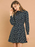 Women's Floral Printed Vintage Puff Sleeve Turndown Collar Mini Dress
