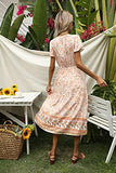 Womens Summer Floral Print V Neck Drawstring Tiered Ruffle Elegant A-Line Dress