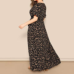 Women Short Sleeve Bandage Dress Fashion Sexy Plus Size Leopard Print V-neck Loose Party Dress