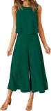 Dark Green Women's Summer 2 Piece Outfits Round Neck Crop Basic Top Cropped Wide Leg Pants Set Jumpsuits - ROYLAMP | Women's Romper & Jumper Suit